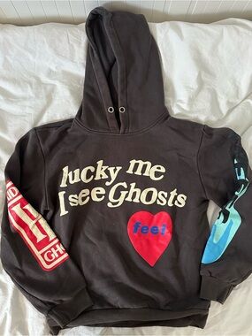 Lucky Me I See Ghosts Graphic Hoodie - Black with Red & Blue Accents